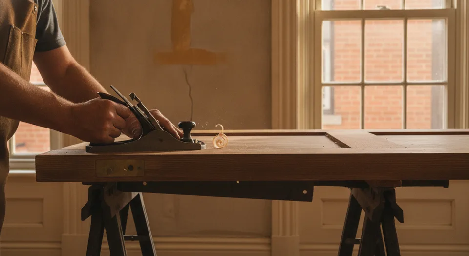 Handyman planing the edge of an original wood door in a century brick home in Galt, Cambridge, Ontario